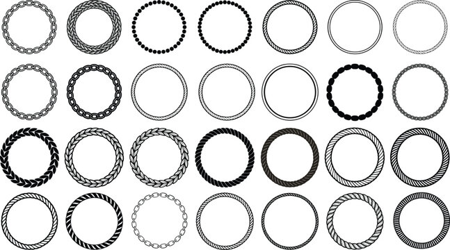 Large Collection of Decorative Circular Border Frames Including Rope, Chain, Bead, and Wreath Style Elements for Graphic Design Projects and Creative Vector Artwork.