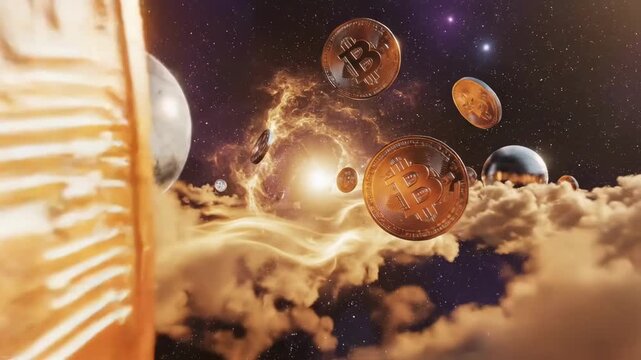 Cryptocurrency symbols explode in a cosmic scene with planets and clouds