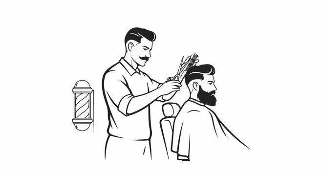 Vintage barber cuts client's hair with scissors