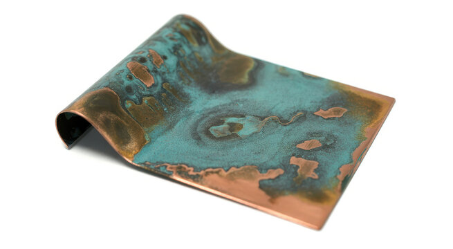 Curved rectangular plate of weathered copper metal with blue patina oxidation on white background