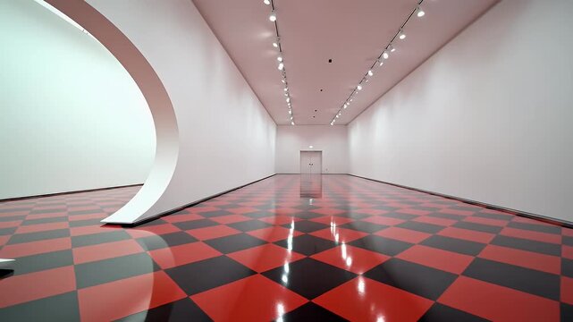 A modern art gallery features a striking checkerboard floor and a large circular architectural element, creating a visually compelling and minimalist space.
