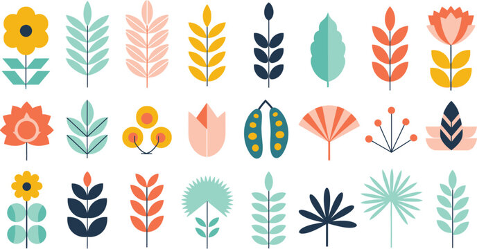 A colorful vector set of four leaf clover icons featuring floral nature elements and autumn leaf patterns for garden plant design and decorative art illustrations