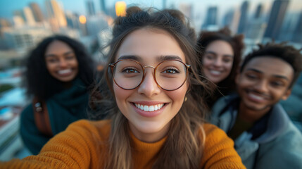 Friends celebrate world friendship day with joyful selfie on city rooftop