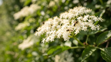 Fototapeta premium Elderflower Blossoms English Hedgerow — June Insects Stamens Soft Green Bokeh