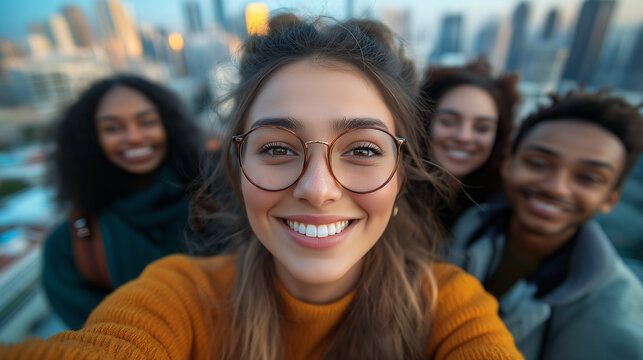 Friends celebrate world friendship day with joyful selfie on city rooftop