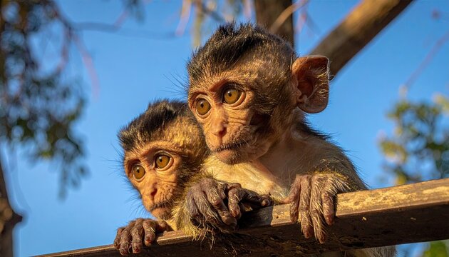 Two curious monkeys observe from a perch against a blue sky background