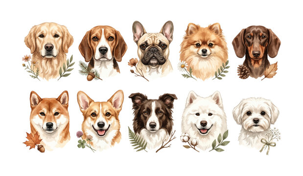 Watercolor Earthy Tone Dog Breed Portrait Clipart Set &ndash; Golden Retriever Beagle French Bulldog Pomeranian Dachshund Shiba Inu Corgi Border Collie Samoyed Maltese Illustration Bundle, Rustic Botanical 