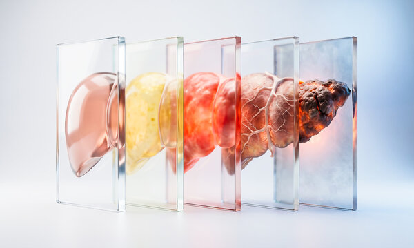 Glass panels reveal different stages of liver health and disease.