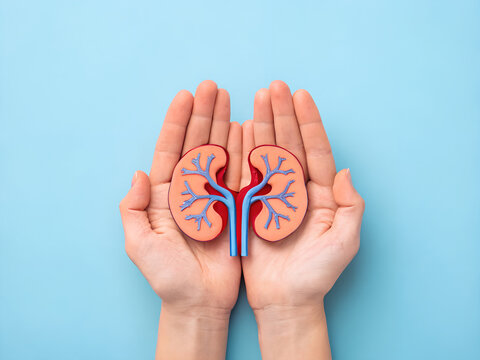 Kidney care and organ protection concept with hands holding kidneys