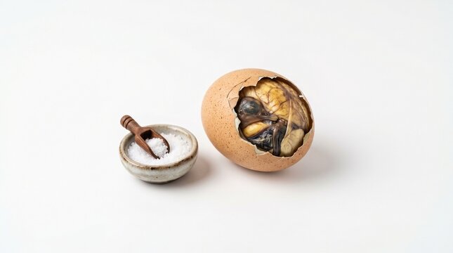 A Balut egg (developing bird embryo) partially peeled, served on a white background with a small bowl of salt