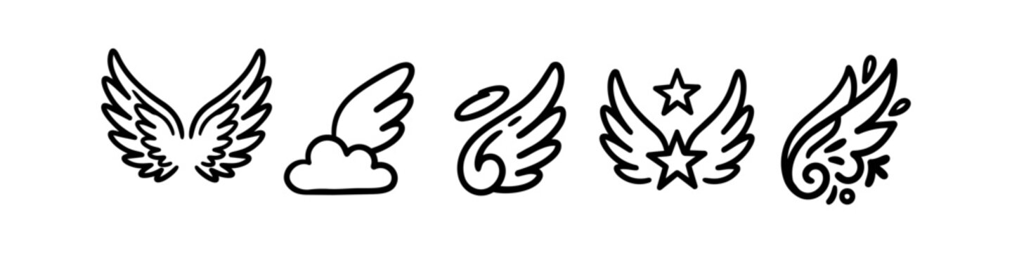 Hand-drawn angel wing doodle set featuring minimalist line art icons with clouds, stars, and halos. Versatile black and white vector illustrations for tattoos, stickers, and graphic design.