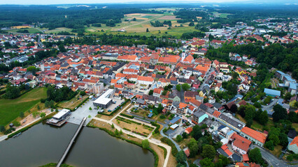 Fototapeta premium Aerial view of the city Tirschenreuth in Germany, on a sunny day in spring.
