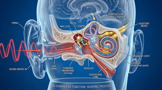 Detailed 3D Medical Illustration of Human Ear Function Showing Cochlea, Organ of Corti, Semicircular Canals and Hearing Process.