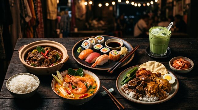 A rich spread of Asian dishes including sushi, tom yum soup, beef rendang, and matcha latte