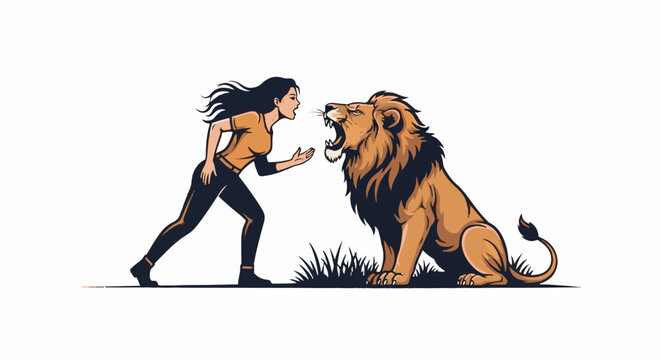 Woman confronts roaring lion, symbolizing strength and courage