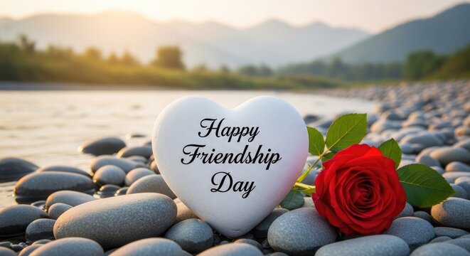 Happy friendship day heart shaped stone rose scenic background for best friends