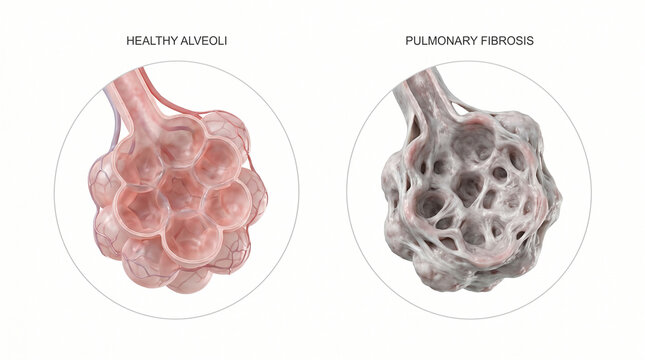 Pulmonary Fibrosis vs Healthy Alveoli Lung Anatomy Concept