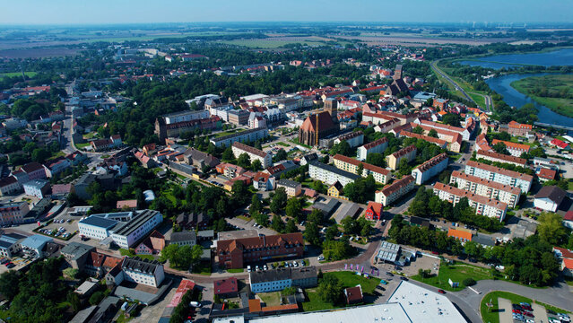 A panoramic aerial view of the city Anklam in Germany on a sunny spring day 