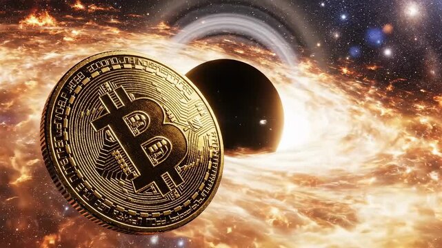 A Bitcoin floats in space near a black hole with a swirling galaxy background.