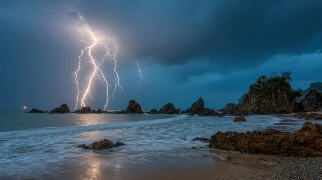 Spectacular lightning strikes illuminating a stormy ocean seascape with crashing waves and rocky shores.
