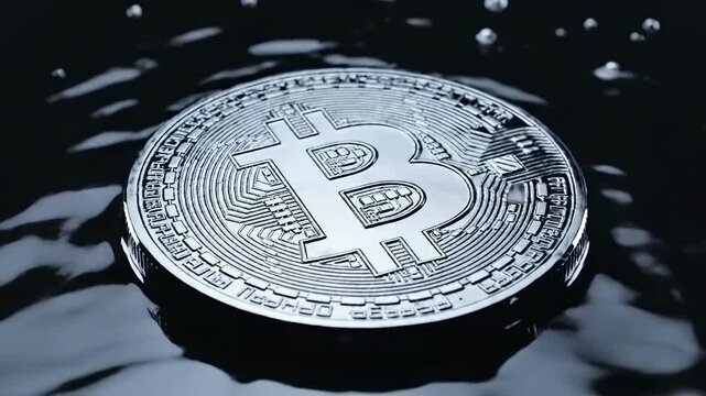 A close-up shot of a bitcoin coin partially submerged in water with ripples around it