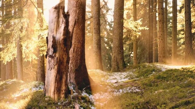 Cinematic view of a coniferous forest in Switzerland during sunset. Golden sunlight filters through the tall trees, illuminating green moss and patches of melting snow on the ground.