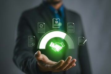 Obraz premium Businessman manage digital procurement process with business contract, invoice, approval documents, representing B2B sourcing, vendor management, supply chain.3D Rending
