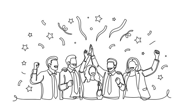 One line drawing of office team celebrating achievement with raised arms, motivation and teamwork theme, Hand drawn single line vector illustration