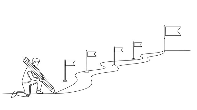 Continuous line drawing of person facing winding path to goal flag, success journey concept, hand drawn vector illustration