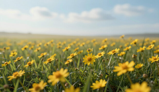 Wild yellow daisies blooming across grassy meadow landscape