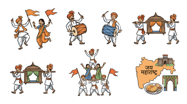 Maharashtra Day Vector Illustration Set with Traditional People Dancing Playing Dhol Palkhi and Cultural Map