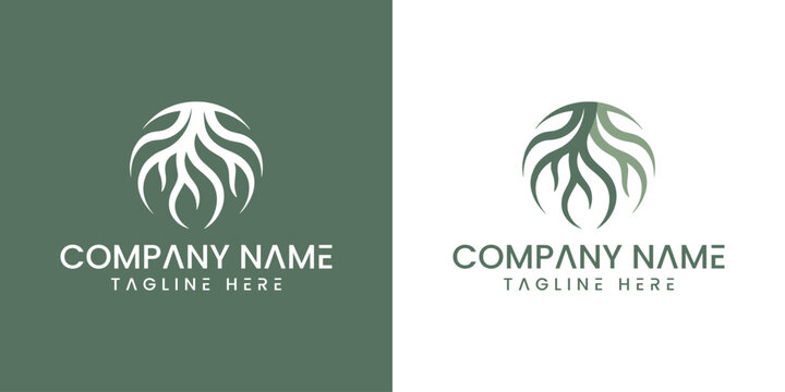 Green and white company logo template with leaf design on two backgrounds