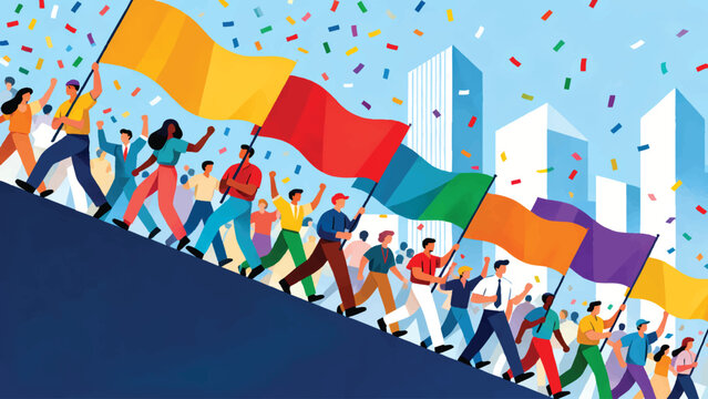 Crowd Celebration with Flags Festival Vector Illustration. Crowd of people holding flags celebrating festival or event in colorful atmosphere.