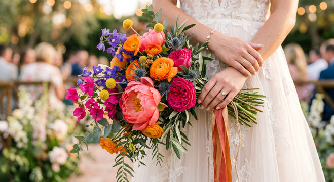A vibrant wedding bouquet featuring bright pink peonies, orange ranunculus