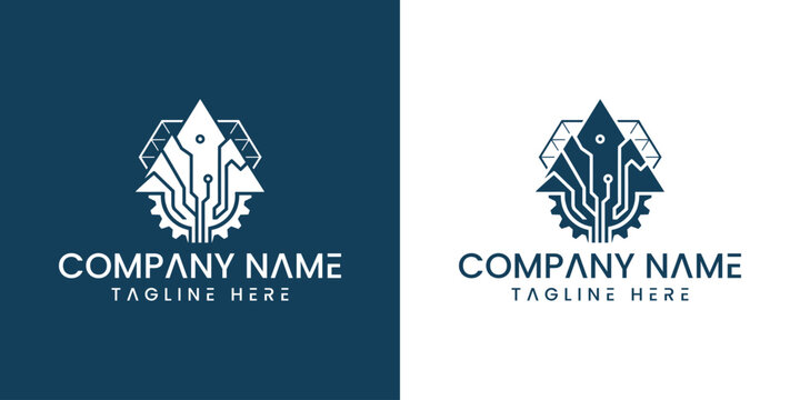 Company logo template with circuit board and gear elements and blue backgrounds