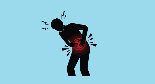 Silhouette of a person suffering from abdominal discomfort with a bright red focal point and sparks to indicate sharp stomach pain.