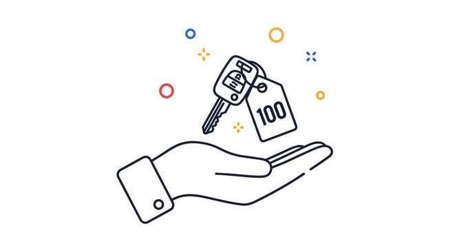 Outline illustration of a human hand holding a set of car keys with a numbered tag indicating vehicle ownership or rental services.
