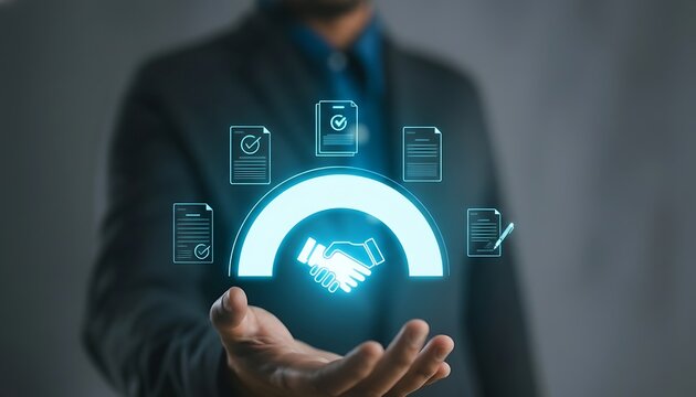 Businessman manage digital procurement process with business contract, invoice, approval documents, representing B2B sourcing, vendor management, supply chain.3D Rending