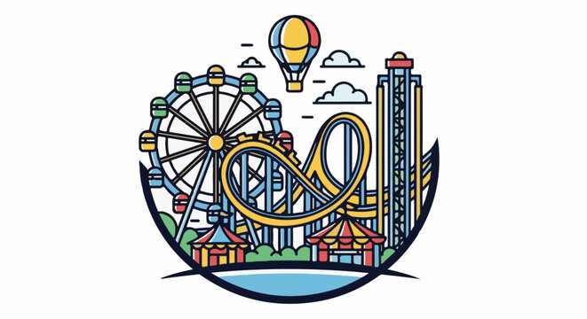 Vibrant amusement park scene with Ferris wheel, roller coaster, and hot air balloon