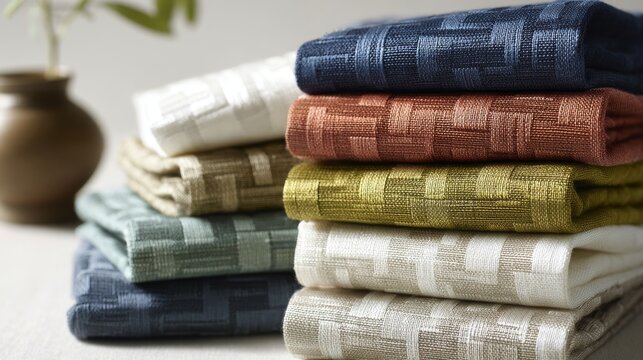 Neatly Stacked Rolls of Subtle Geometric Patterned Dobby Weave Fabric in Muted Colors