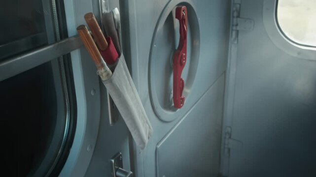 Interior detail of train car vestibule, showcasing a prominent red emergency brake lever. A fabric holder contains umbrellas, positioned near round window, emphasizing continuous travel and transit.