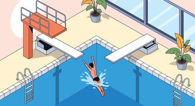 Isometric scene showing a man diving into a clear blue swimming pool from a platform at a modern recreation center.