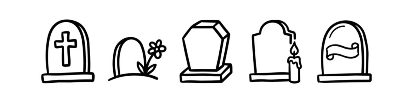 Minimalist set of five hand-drawn gravestone icons. Cemetery headstone doodles with a cross, flower, candle, and banner. Black and white vector line art for memorial and Halloween designs.