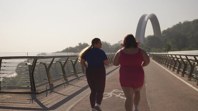 Two plus-size women in activewear jogging across a bridge, weight loss training