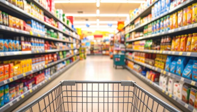 Shopping cart in a supermarket aisle filled with colorful products under bright lighting, showcasing a vibrant grocery store interior.