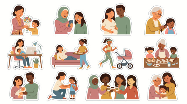 Diverse women and families in various daily life scenarios showcasing different generations and activities.