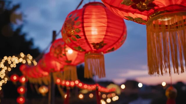 Traditional red chinese lanterns hanging in a row for lunar new year celebration at twilight.