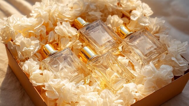 Elegant collection of luxury perfume bottles with gold accents, nestled in delicate floral packaging