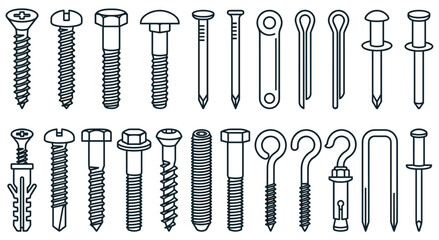 Collection of black line art hardware icons including metal screws lag bolts wood nails masonry anchors rivets and washers for construction projects home improvement or engineering design assets. © SADIKUR