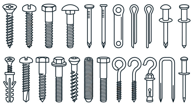 Collection of black line art hardware icons including metal screws lag bolts wood nails masonry anchors rivets and washers for construction projects home improvement or engineering design assets.